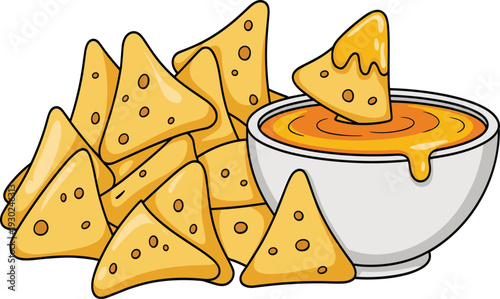 Crunchy tortilla nacho chips vector illustration with a bowl of melted yellow cheddar cheese sauce dip