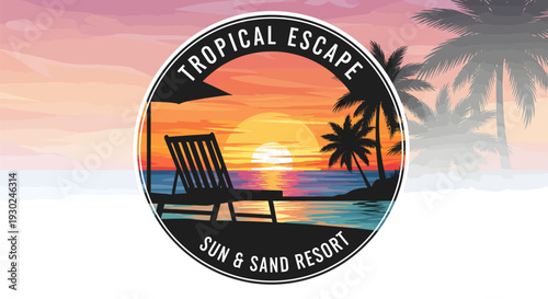 Tropical Escape Sun and Sand Resort Logo with Sunset Beach Scene.