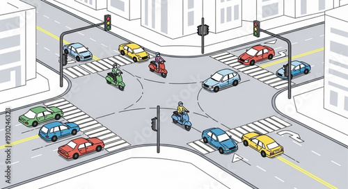 Busy City Street Intersection Traffic.