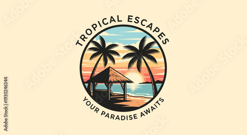Tropical Escapes Your Paradise Awaits with Palm Trees and Beach Hut.