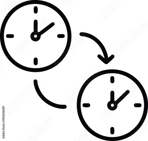Time change or transfer icon, two clocks with arrows indicating movement or exchange, simple black outline design