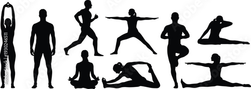 Black silhouettes of people practicing yoga poses, fitness exercises, running, meditation, and stretching for wellness, healthy lifestyle, and physical training.