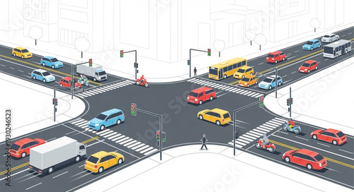 Busy City Street Intersection with Cars.