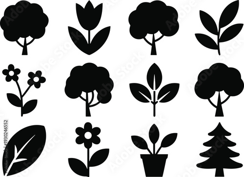 Black tree and plant icon set, nature silhouette collection with flowers leaves forest symbols isolated on white background