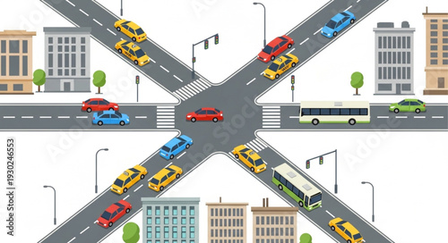 Busy City Street Intersection with Cars.