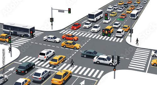 Busy City Street Intersection with Cars.