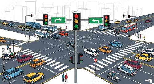 Busy City Street Intersection with Traffic.