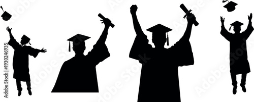 Silhouettes of graduates celebrating with raised hands and academic caps
