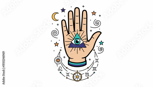 Mystical Hand with Eye of Providence and Zodiac Symbols, Esoteric and Fortune Telling Illustration