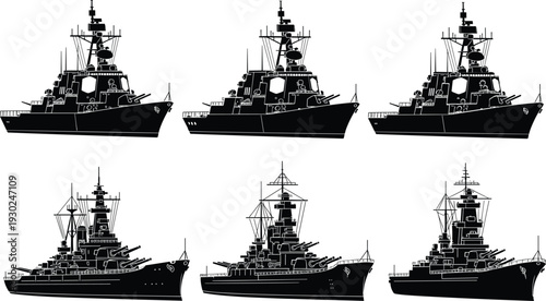 Black warship silhouette collection with naval destroyers and battleship profiles for military marine defense history and maritime tactical vector art icons.