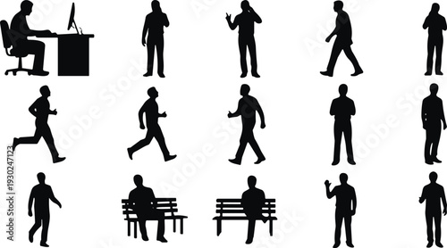 Businessman silhouette collection, office worker walking running sitting standing talking male people isolated on white background set