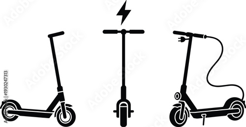 Electric scooter silhouette set with charging plug icon, eco-friendly urban transportation vector, electric kick scooter silhouettes, modern city micro mobility symbols