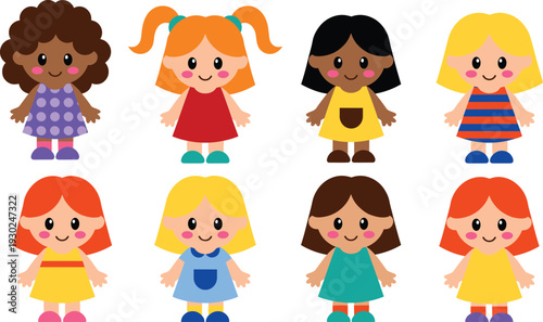 Collection of Cute Diverse Little Girls and Kids in Halloween Costumes Including Witch Fairy Princess and Black Cat Flat Vector Illustration on White Background