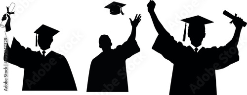 Three graduates celebrating with caps and gowns in the air