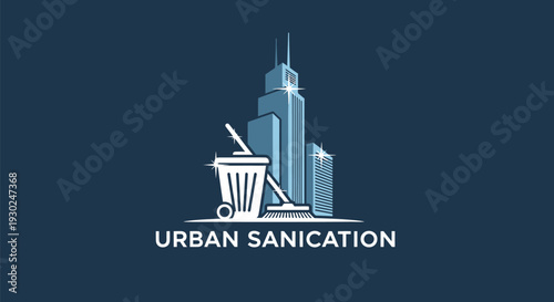 Urban Sanication Logo with City Skyline and Cleaning Tools.