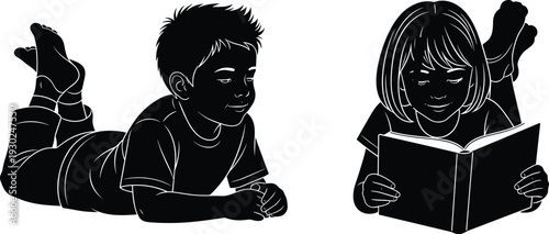 Black, silhouette, of, children, boy, and, girl, lying, on, stomach, reading, a, book, isolated, on, white, background, education, learning, concept