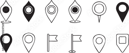 Collection of various map pin and location marker icons in different styles and designs for navigation and mapping applications