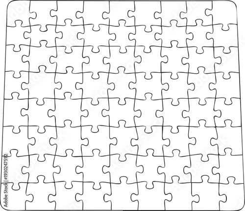 Completed jigsaw puzzle with thirty six pieces forming a square shape on a white background illustrating a simple and clean design element.