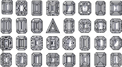 Diamond and gemstone vector collection, emerald cut crystal set, luxury jewelry design elements, sparkling precious stone icons, isolated jewelry templates