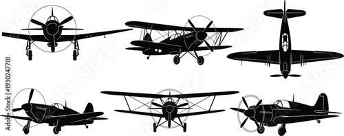 Set of vintage military aircraft silhouettes including biplanes and monoplane fighter jets from world war two era for aviation design and retro graphics