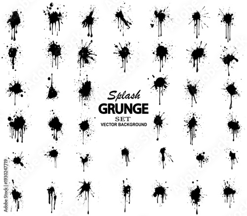 Spray paint graffiti blots, dots and ink splashes. Circles with drips and spray paint effect for urban street art design. Hand drawn rough ink splashes with grain texture and small blots collection.