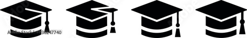 A stylized illustration of four graduation caps in a row with tassels