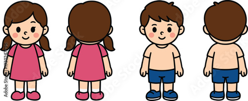 Cute Character Reference Sheet Flat Vector Illustration Featuring Front and Back Views of a Little Boy and Girl Isolated on White Background for Design