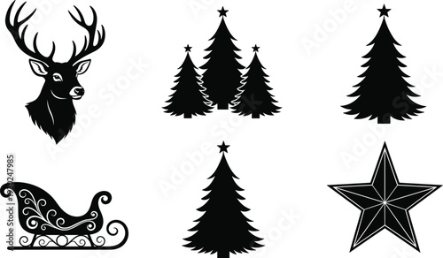 Christmas, winter, holiday, silhouette, set, with, deer, head, pine, trees, sled, and, star, icons, black, vector, illustration, for, seasonal, decorations,
