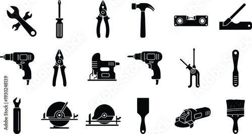 Hand tools and power tools silhouette set, construction hardware icons, carpentry equipment vector, DIY repair workshop tools, industrial work 