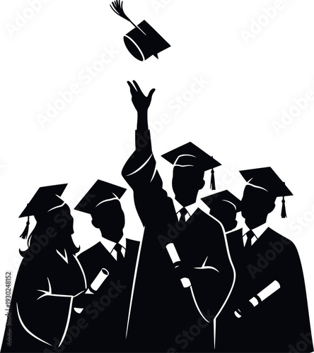 Graduation celebration silhouette five graduates tossing mortarboard in air