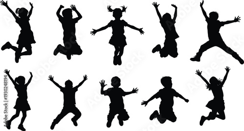 Happy jumping children silhouette set, joyful kids leaping in air, diverse childhood play poses, active youth celebration vector, isolated group icons