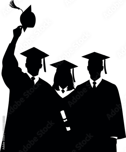 Graduation celebration silhouette of three students in academic regalia