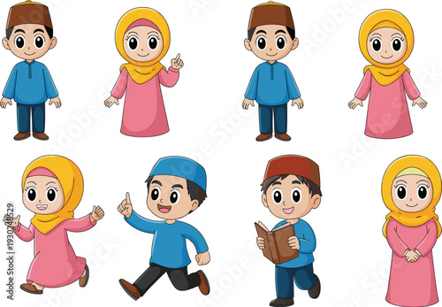 Cute Muslim Boy and Girl Cartoon Character Set Wearing Traditional Hijab and Songkok for Islamic Education Children Book Illustration and Ramadan Greeting Design