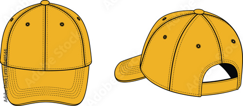 Yellow baseball cap vector, front and back views, blank adjustable hat template, apparel mockup illustration