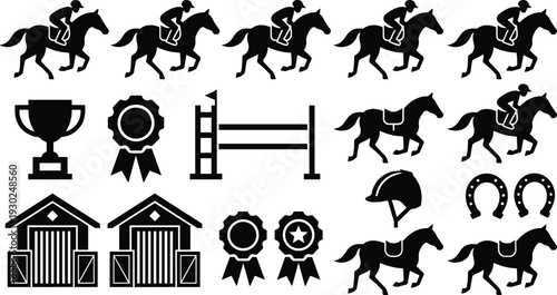 Horse Racing Icon Set with Jockey Silhouettes Equestrian Sports Equipment Trophy Ribbons Stable Barns and Horseshoe Vector Graphic Illustration Elements