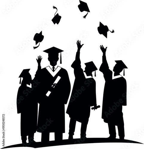 Graduates celebrating with tossed mortarboards