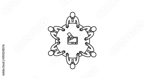 Business Meeting Around Round Table with Laptop and Microphone Icon