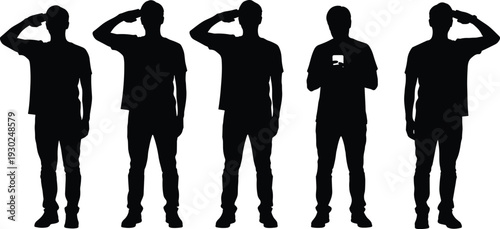 Silhouette of men saluting in a row and standing at attention for military honor patriotic service respect and national commemorative event design projects