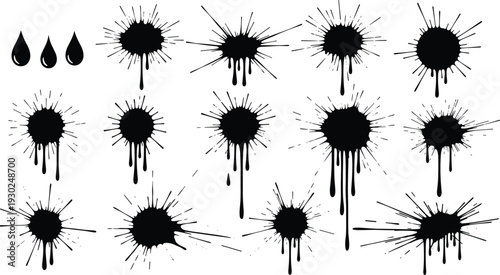 Collection of black ink splash silhouettes, paint drip drops, liquid splatter icons, abstract spray shapes, isolated on white background, vector