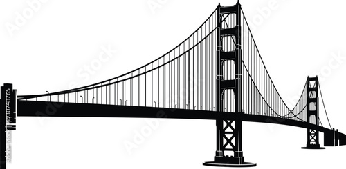 Silhouette of the Golden Gate Bridge in San Francisco featuring iconic suspension cables and towers for California travel landmark and urban architectural design projects