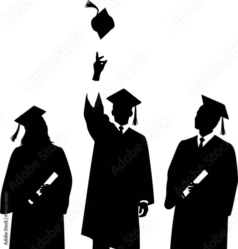 Graduation celebration silhouette of three students tossing mortarboard hats