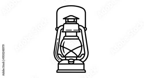 Vintage kerosene lantern, old oil lamp, camping light, retro style, black and white line art