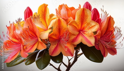 Cluster Of Flame Azalea Blossoms In Vibrant Fiery Tones Hyper Realistic Botanical Illustration Isolated