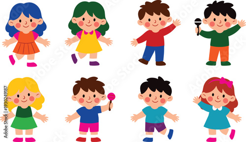 Large Collection of Cute Flat Vector Illustrations Featuring Diverse Happy Children in Summer Clothes Character Reference Sheets and Standing Poses Isolated on White