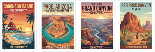 Vintage USA travel poster set. Including coronado island, page arizona, grand canyon south rim, and red rock canyon desert scenes. Retro vector illustration.