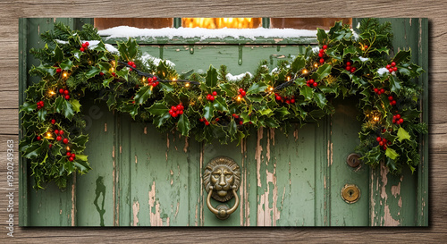 Vintage green door with Christmas holly wreath and snow