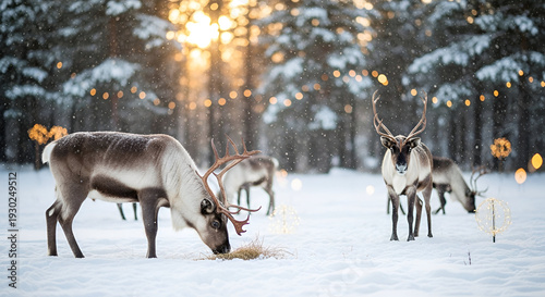 Reindeer grazing in snowy forest at winter sunrise