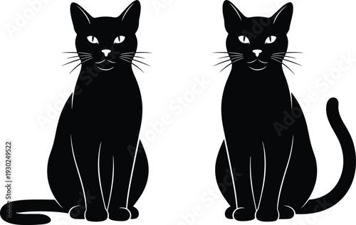 Two black cat vector silhouettes sitting and looking forward with whiskers and tails isolated on white background icons for pet shop or halloween