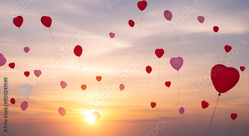 Vibrant heart balloons floating in romantic sunset sky