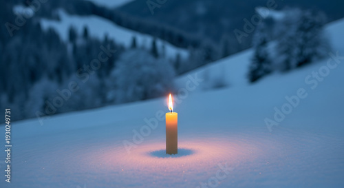 Candlelit winter wonderland scene with snow and mountains